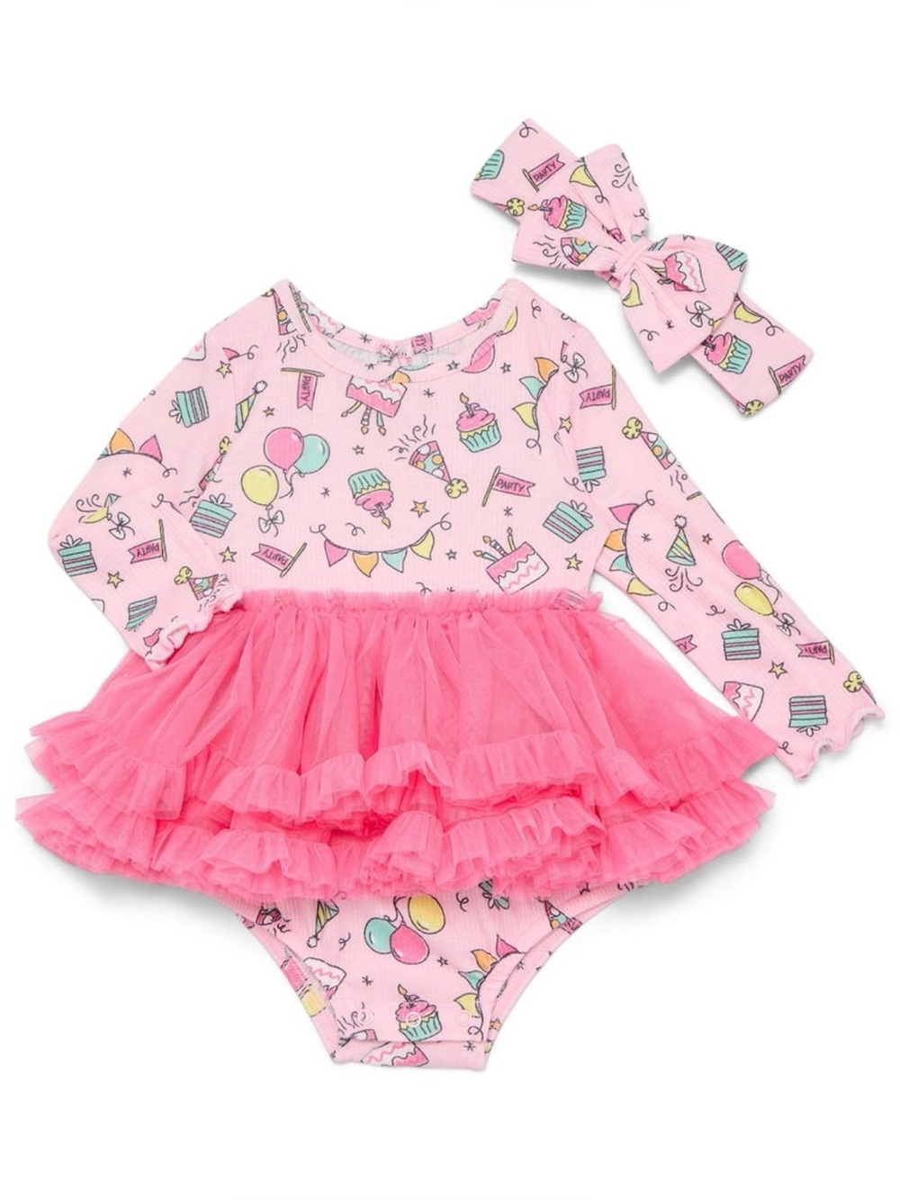 Baby Girls Birthday Print Dress Bodysuit with attached Tutu & Headband SZ 24M